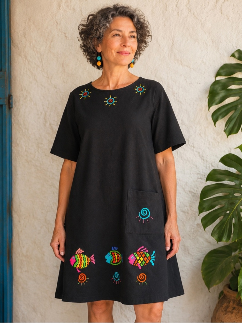 Vintage Wearable Art Fish Embroidered Black Shift Dress Teacher Core